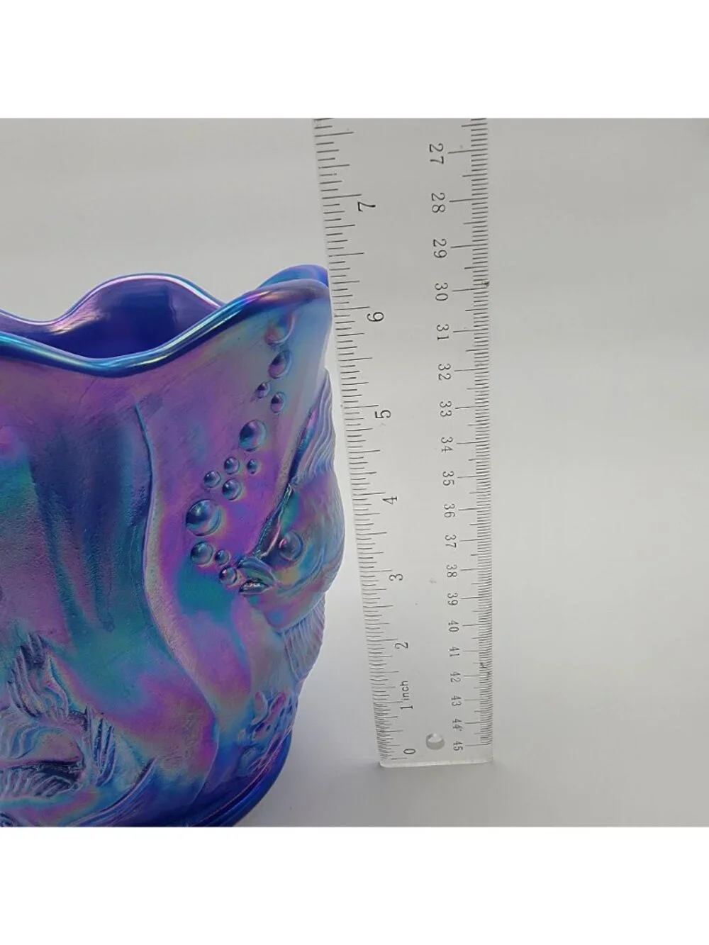 Fenton Glass 2004 Atlantis Periwinkle Iridescent Blue Fish Vase